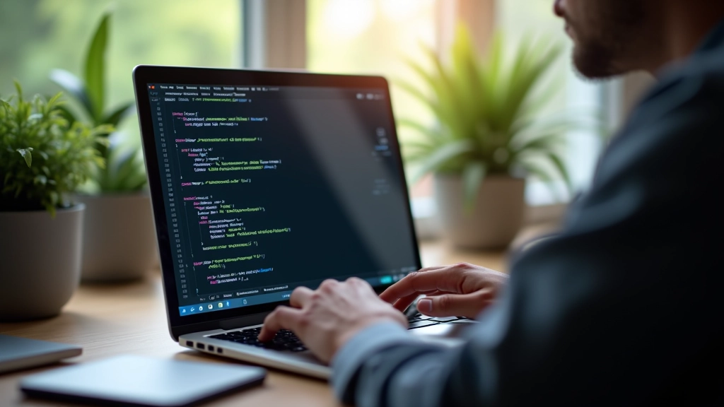 Profissional de design trabalhando num computador portátil com código JavaScript visível na tela, ambiente de trabalho criativo e moderno