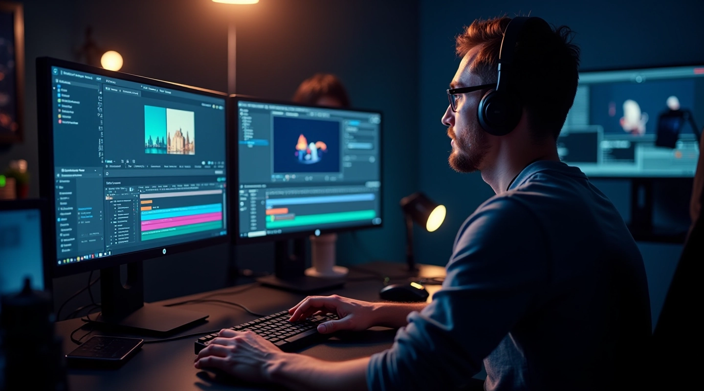 Ambiente moderno de estúdio de pós-produção com múltiplos monitores exibindo interface do After Effects