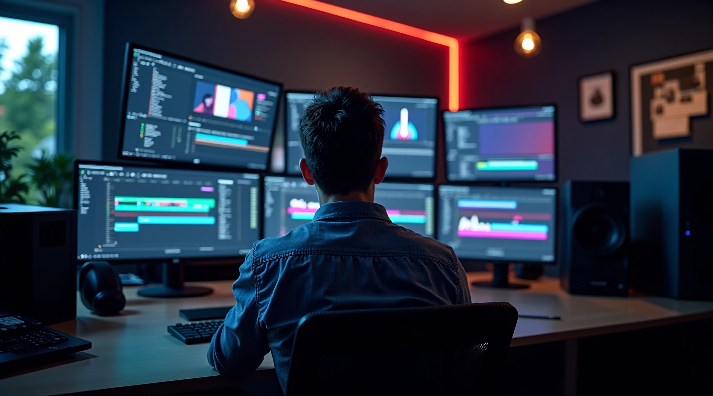 Estúdio profissional de produção de vídeo com múltiplos monitores exibindo timelines do After Effects, ambiente moderno com iluminação de estúdio
